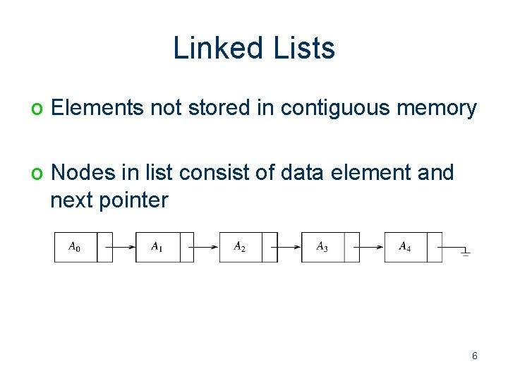 Linked Lists o Elements not stored in contiguous memory o Nodes in list consist