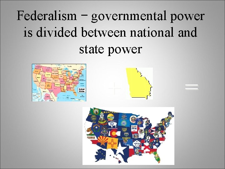 Federalism – governmental power is divided between national and state power + = 