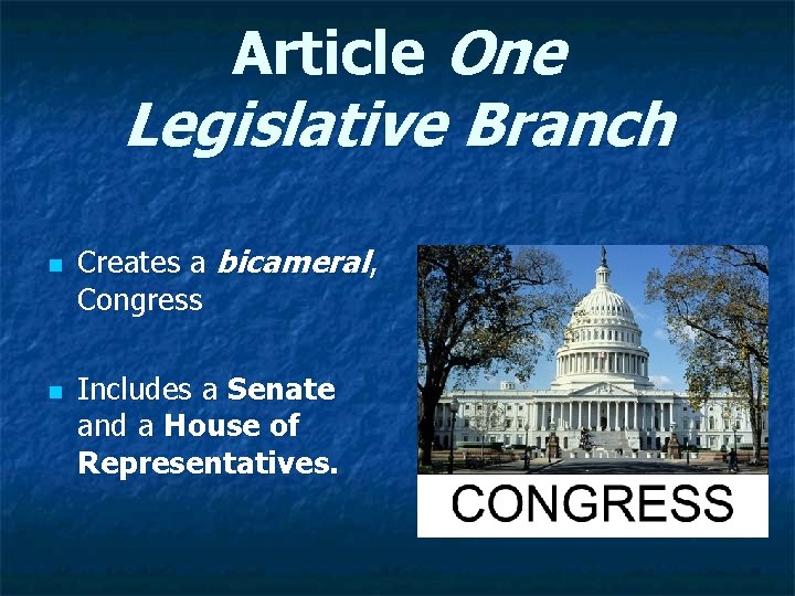 Article One Legislative Branch n n Creates a bicameral, Congress Includes a Senate and