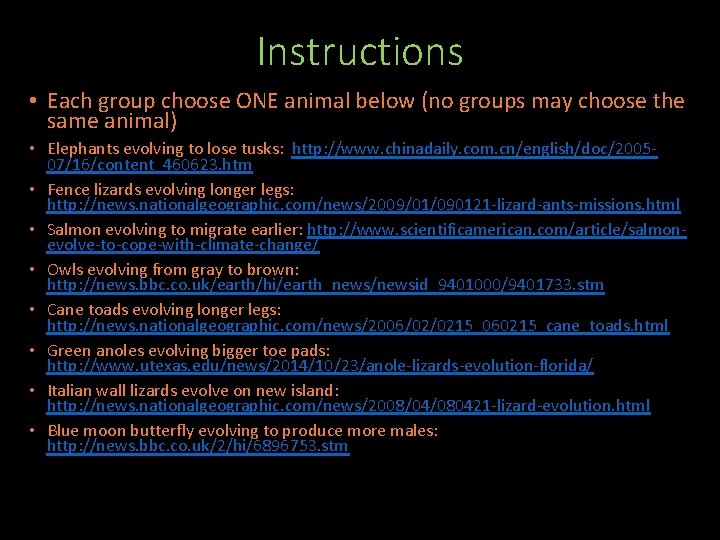 Instructions • Each group choose ONE animal below (no groups may choose the same