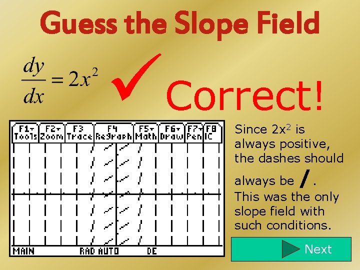 Guess the Slope Field Correct! Since 2 x 2 is always positive, the dashes