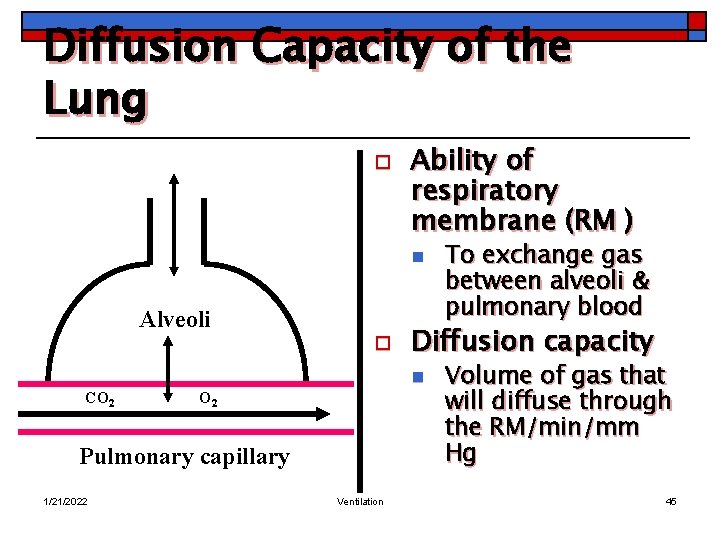 Diffusion Capacity of the Lung o Ability of respiratory membrane (RM ) n Alveoli