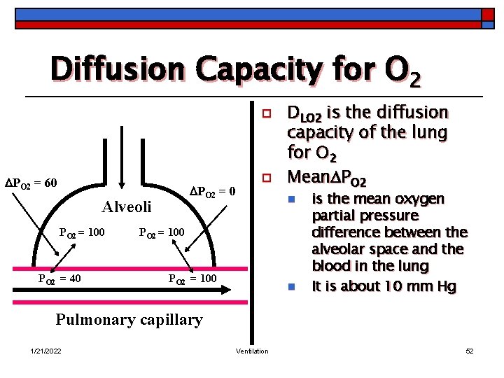 Diffusion Capacity for O 2 o PO 2 = 60 PO 2 = 0