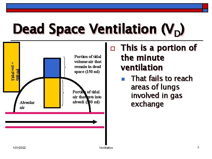 Dead Space Ventilation (VD) Tidal vol = 500 ml o Alveolar air 1/21/2022 Portion