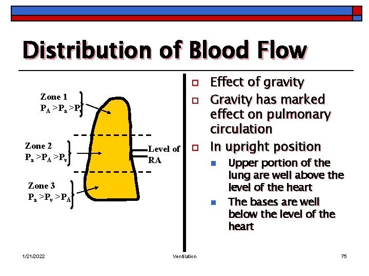 Distribution of Blood Flow o Zone 1 PA >Pa >Pv Zone 2 Pa >PA