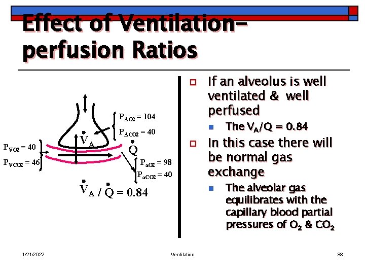 Effect of Ventilationperfusion Ratios o PAO 2 = 104 PVO 2 = 40 PVCO
