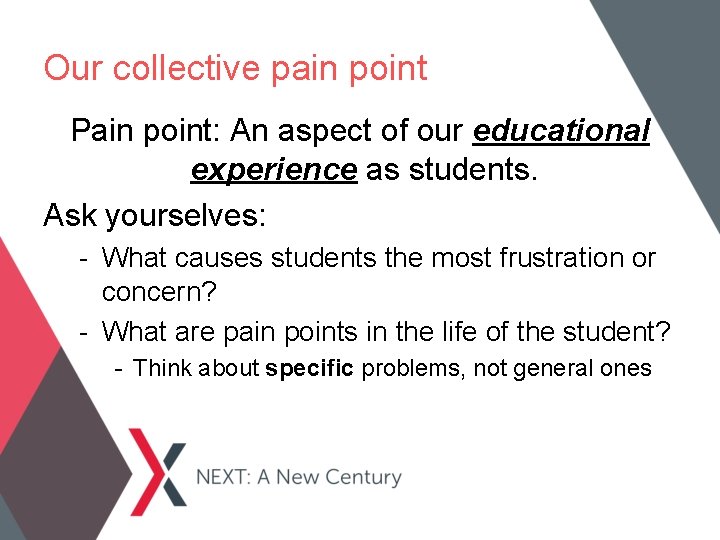 Our collective pain point Pain point: An aspect of our educational experience as students.