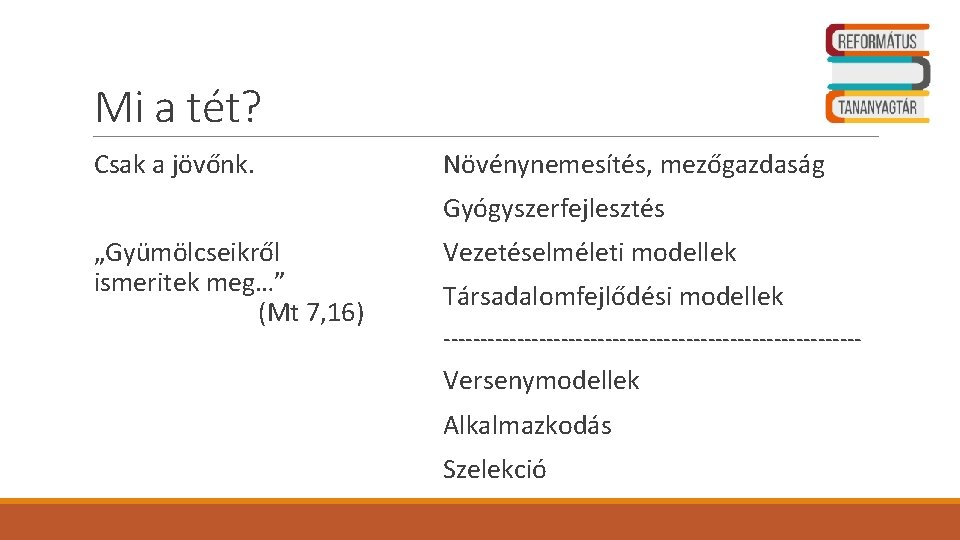 Mi a tét? Csak a jövőnk. Növénynemesítés, mezőgazdaság Gyógyszerfejlesztés „Gyümölcseikről ismeritek meg…” (Mt 7,