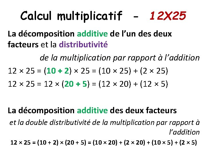 Calcul multiplicatif - 12 X 25 La décomposition additive de l’un des deux facteurs