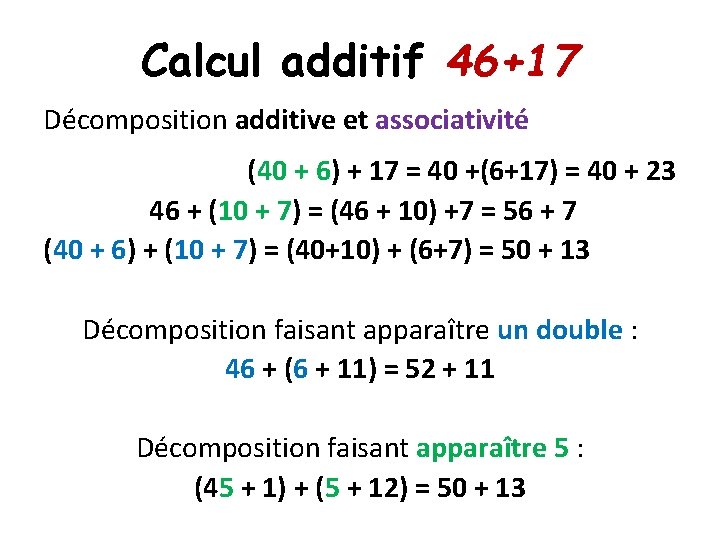 Calcul additif 46+17 Décomposition additive et associativité (40 + 6) + 17 = 40