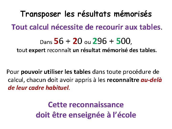 Transposer les résultats mémorisés Tout calcul nécessite de recourir aux tables. Dans 56 +