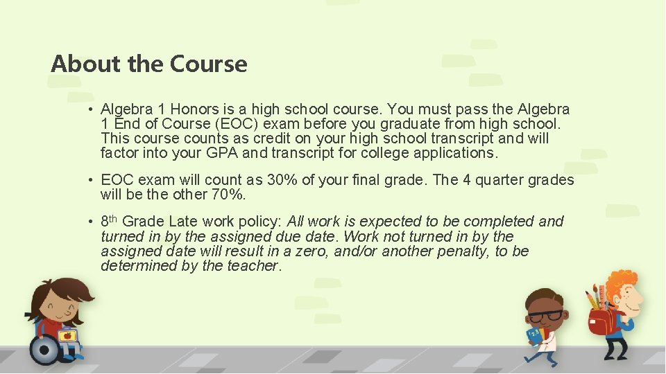 Welcome to Algebra 1 Honors Ms Levin Rm