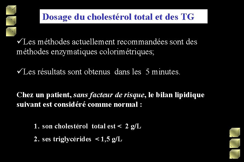 Dosage du cholestérol total et des TG üLes méthodes actuellement recommandées sont des méthodes