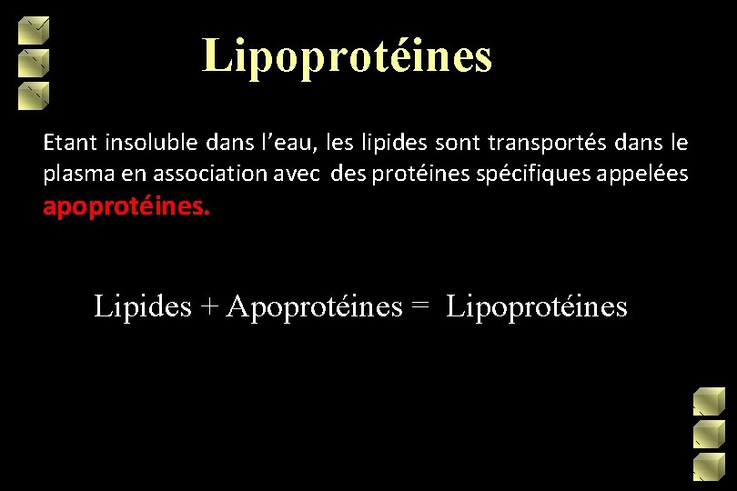 Lipoprotéines Etant insoluble dans l’eau, les lipides sont transportés dans le plasma en association