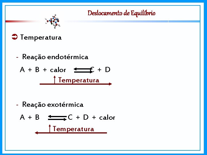 Deslocamento de Equilíbrio Temperatura - Reação endotérmica A + B + calor C +