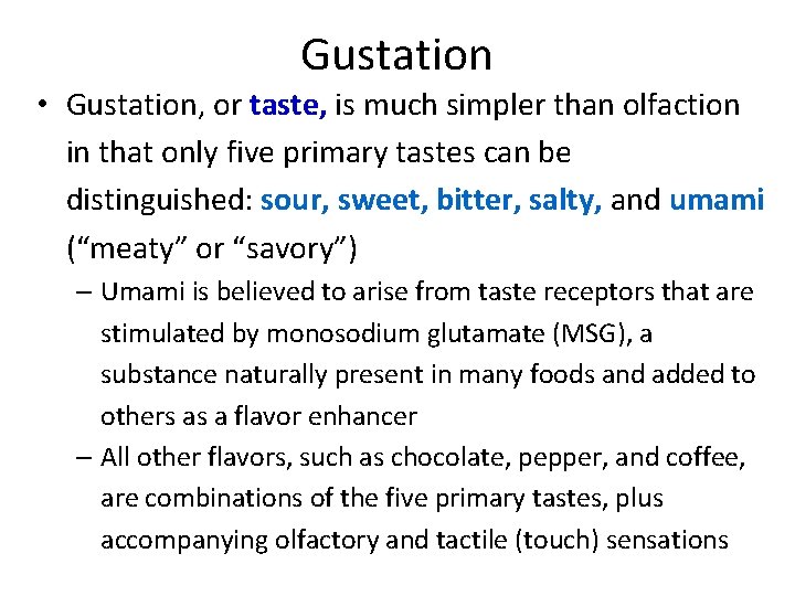 Gustation • Gustation, or taste, is much simpler than olfaction in that only five