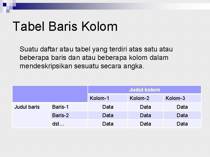 Tabel Baris Kolom Suatu daftar atau tabel yang terdiri atas satu atau beberapa baris