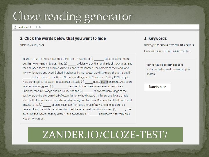 Cloze reading generator ZANDER. IO/CLOZE-TEST/ 