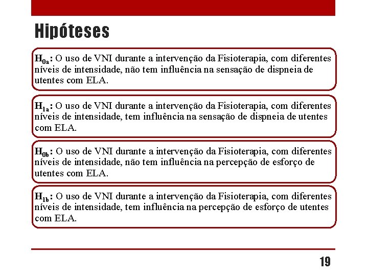 Hipóteses H 0 a: O uso de VNI durante a intervenção da Fisioterapia, com