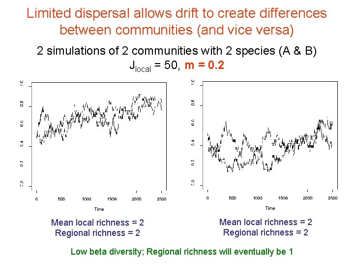 Limited dispersal allows drift to create differences between communities (and vice versa) 2 simulations Limited dispersal allows drift to create differences between communities (and vice versa) 2 simulations