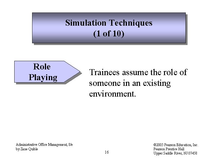 Simulation Techniques (1 of 10) Role Playing Administrative Office Management, 8/e by Zane Quible