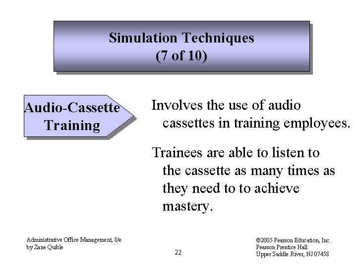 Simulation Techniques (7 of 10) Audio-Cassette Training Involves the use of audio cassettes in