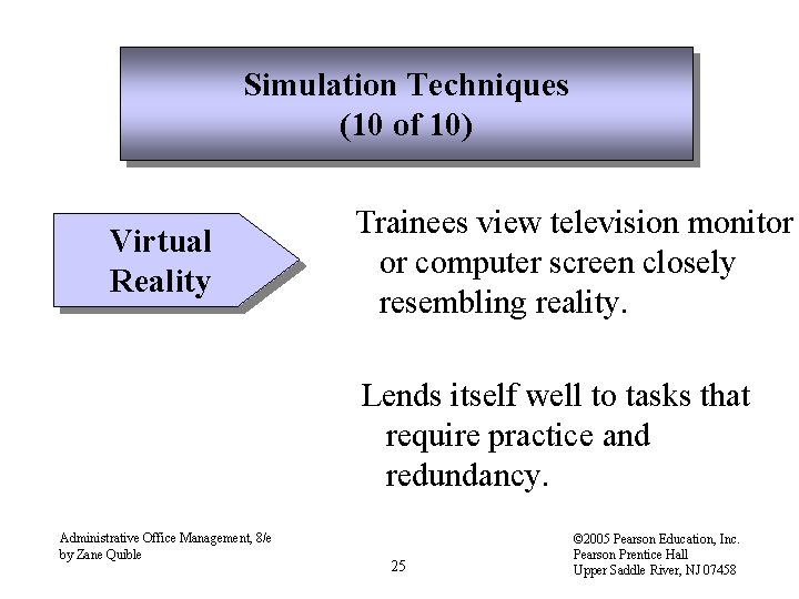 Simulation Techniques (10 of 10) Virtual Reality Trainees view television monitor or computer screen