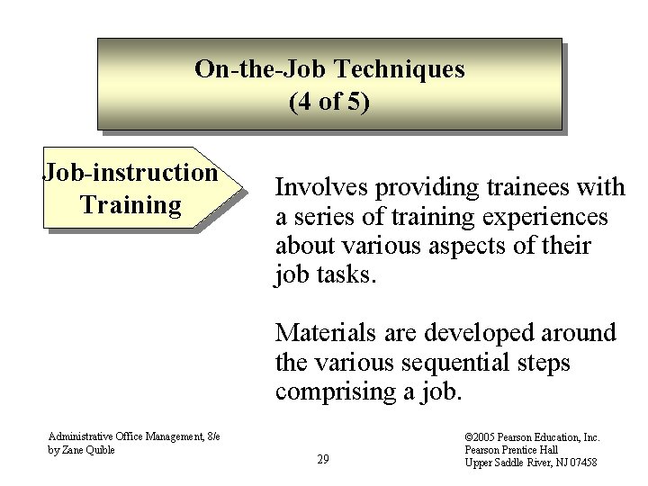 On-the-Job Techniques (4 of 5) Job-instruction Training Involves providing trainees with a series of