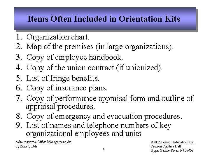 Items Often Included in Orientation Kits 1. 2. 3. 4. 5. 6. 7. Organization