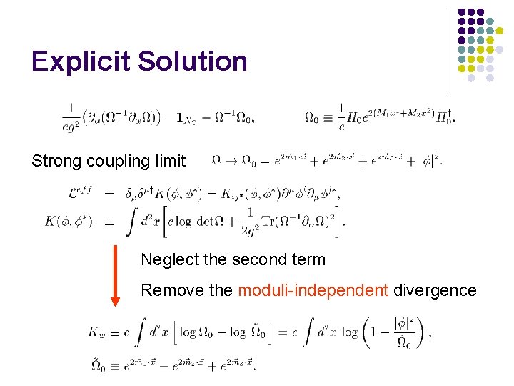 Explicit Solution Strong coupling limit Neglect the second term Remove the moduli-independent divergence 