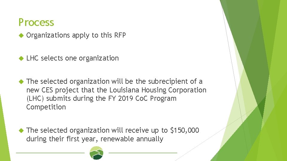 Process Organizations apply to this RFP LHC selects one organization The selected organization will