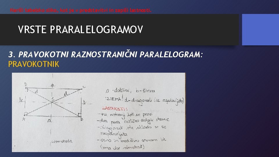 Nariši tabelsko sliko, kot je v predstavitvi in zapiši lastnosti. VRSTE PRARALELOGRAMOV 3. PRAVOKOTNI