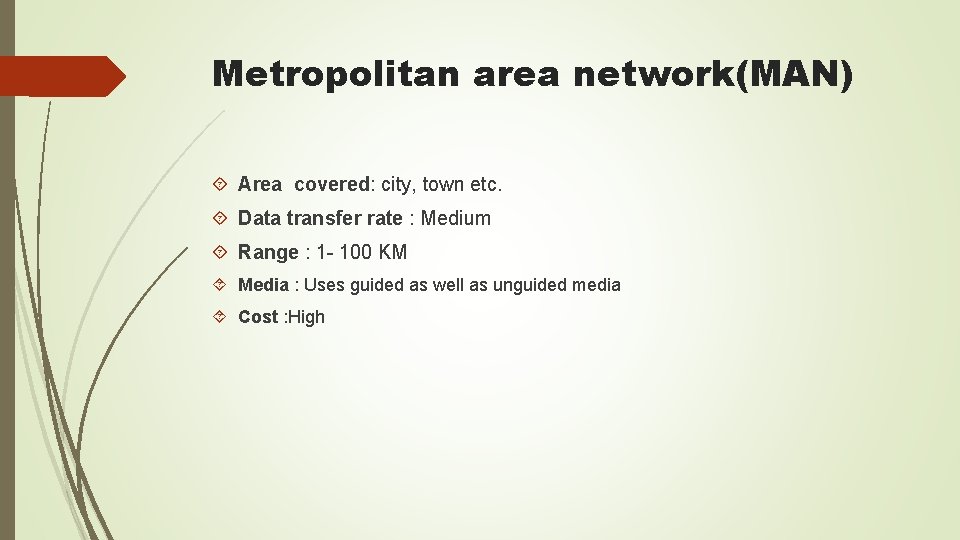 Metropolitan area network(MAN) Area covered: city, town etc. Data transfer rate : Medium Range