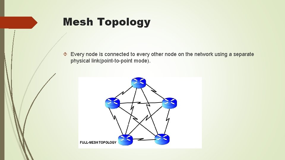 Mesh Topology Every node is connected to every other node on the network using