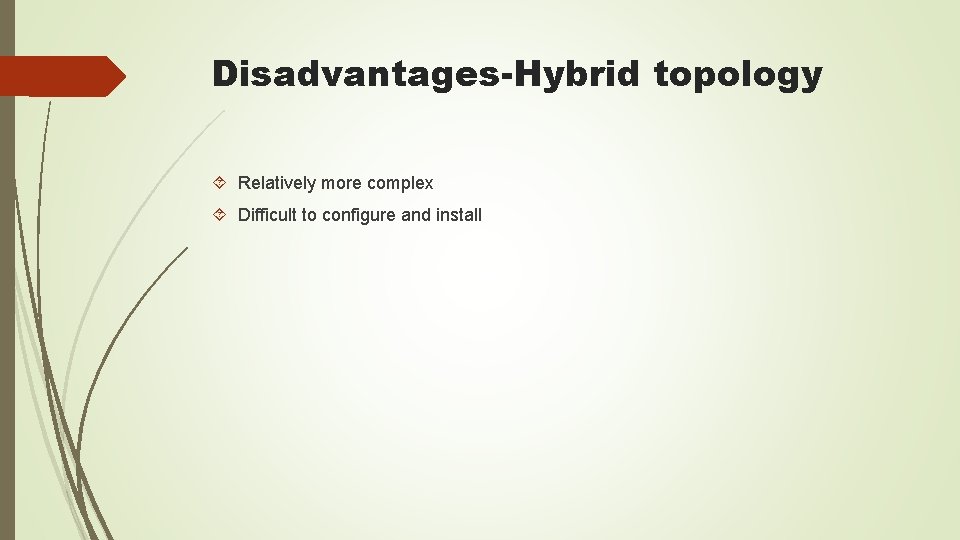 Disadvantages-Hybrid topology Relatively more complex Difficult to configure and install 