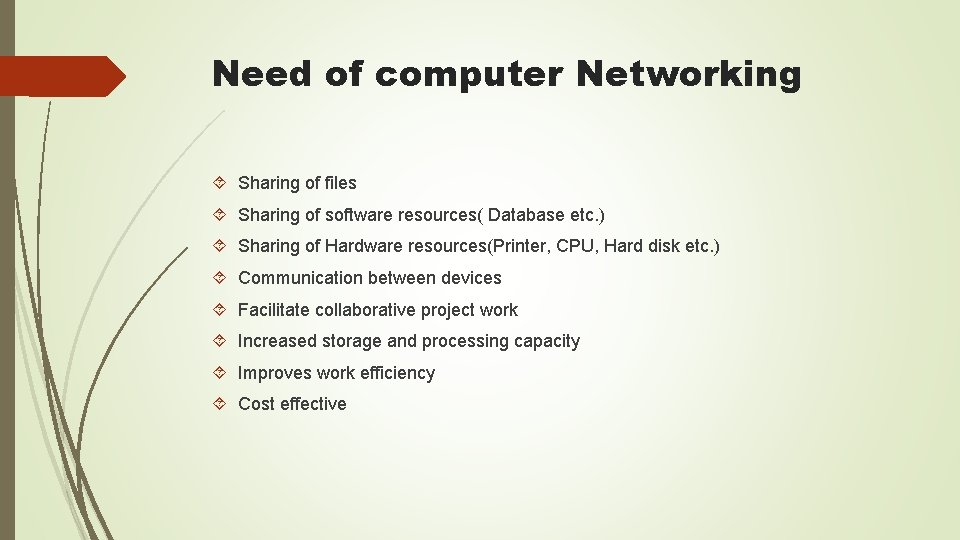Need of computer Networking Sharing of files Sharing of software resources( Database etc. )