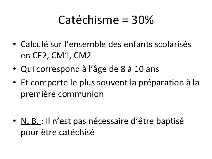 Catéchisme = 30% • Calculé sur l’ensemble des enfants scolarisés en CE 2, CM