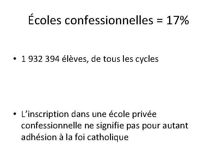 Écoles confessionnelles = 17% • 1 932 394 élèves, de tous les cycles •