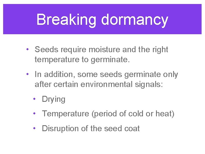 Breaking dormancy • Seeds require moisture and the right temperature to germinate. • In