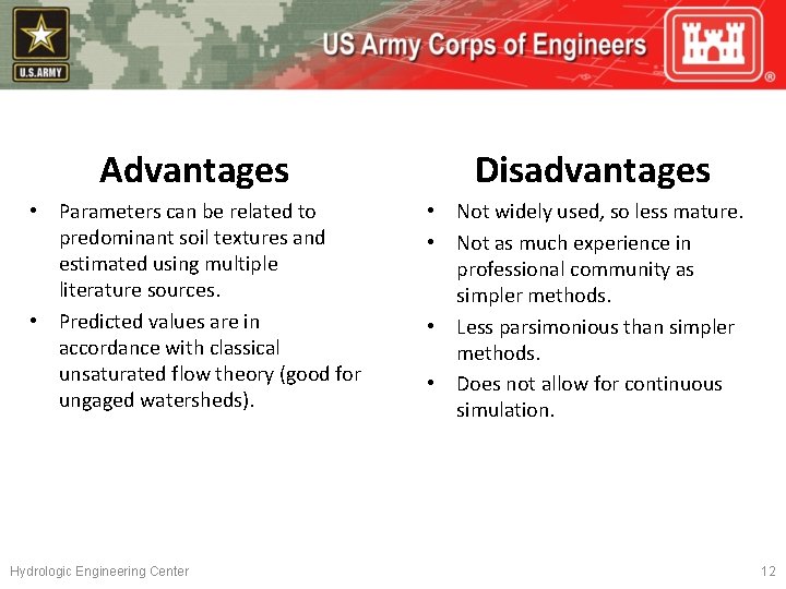 Advantages • Parameters can be related to predominant soil textures and estimated using multiple