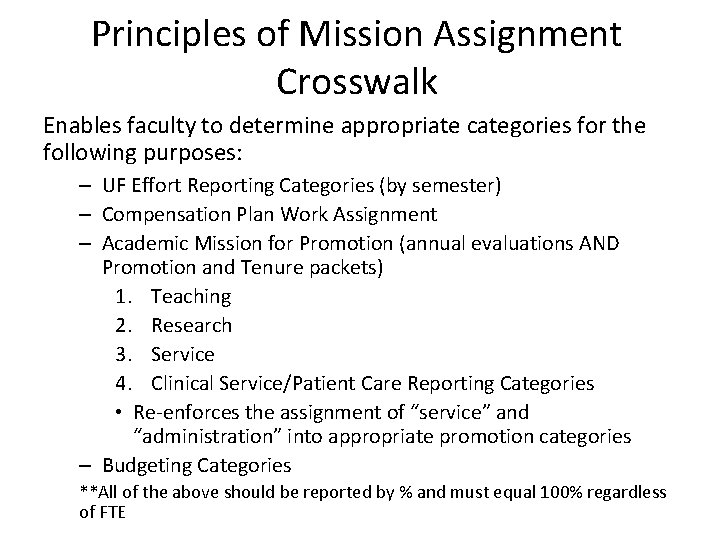 Principles of Mission Assignment Crosswalk Enables faculty to determine appropriate categories for the following