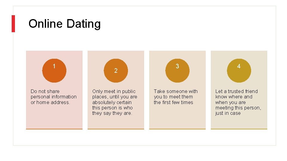 Online Dating 1 Do not share personal information or home address. 2 Only meet