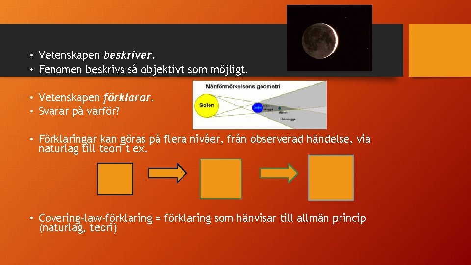  • Vetenskapen beskriver. • Fenomen beskrivs så objektivt som möjligt. • Vetenskapen förklarar.