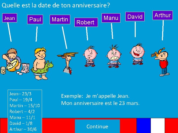 Quelle est la date de ton anniversaire? Jean Paul Jean– 23/3 Paul – 19/4