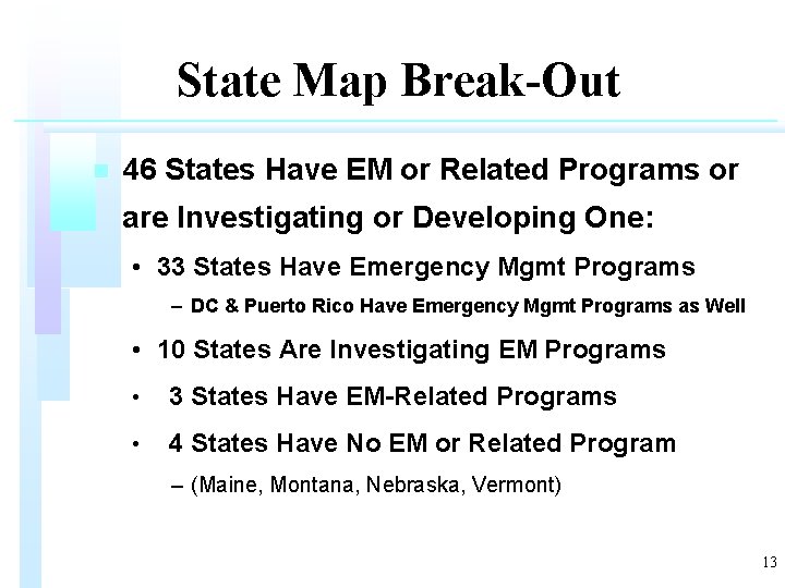 State Map Break-Out n 46 States Have EM or Related Programs or are Investigating