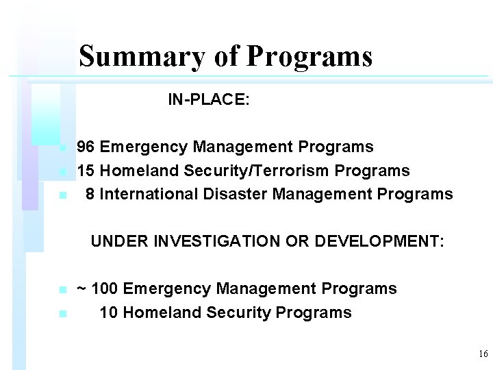 Summary of Programs IN-PLACE: n n n 96 Emergency Management Programs 15 Homeland Security/Terrorism