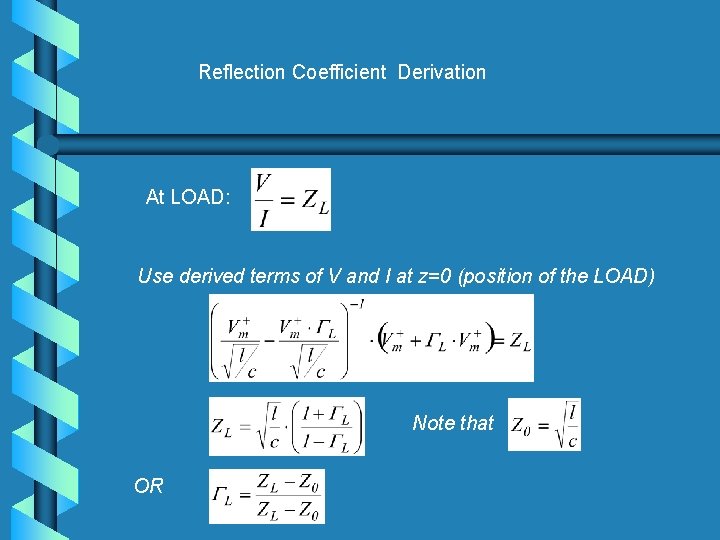 Reflection Coefficient Derivation At LOAD: Use derived terms of V and I at z=0