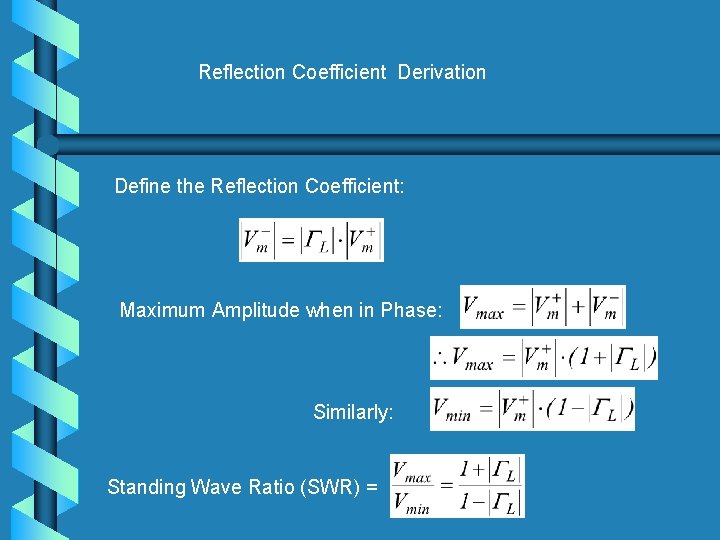 Reflection Coefficient Derivation Define the Reflection Coefficient: Maximum Amplitude when in Phase: Similarly: Standing