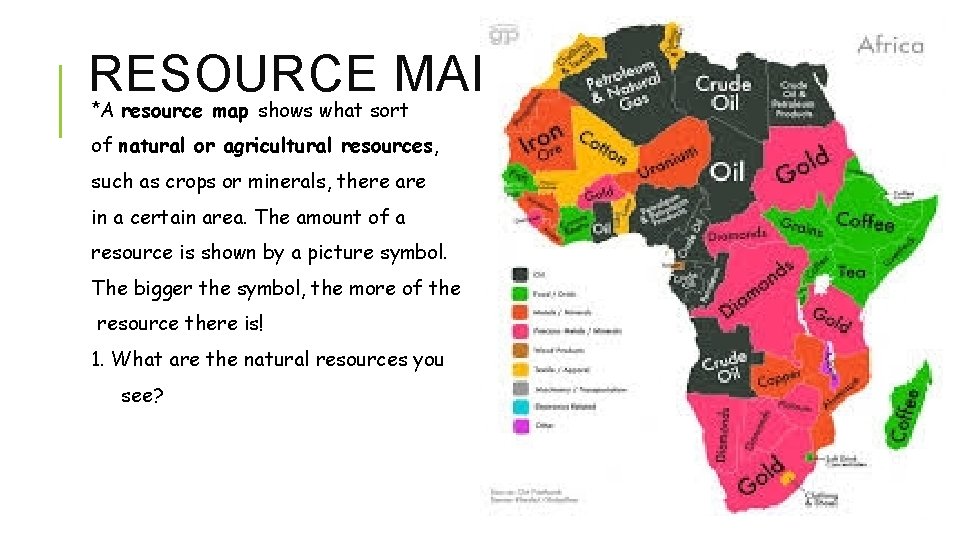 RESOURCE MAPS *A resource map shows what sort of natural or agricultural resources, such