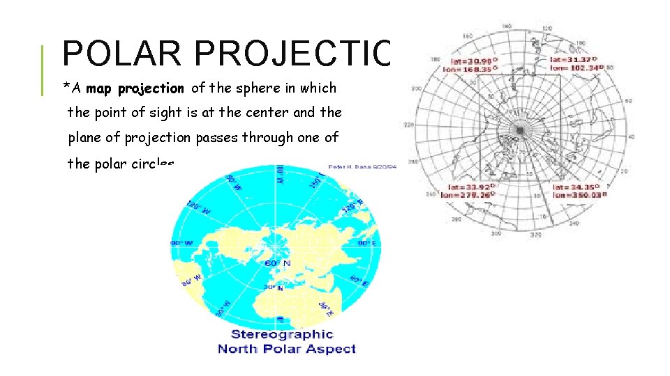 POLAR PROJECTION MAPS *A map projection of the sphere in which the point of